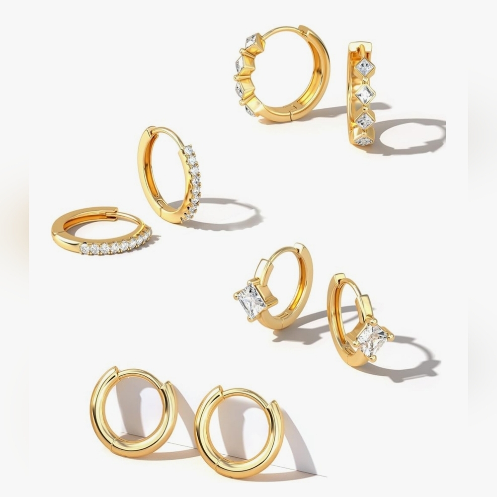 14K Gold Plated Small CZ Hoop Earrings for Women Hypoallergenic Huggie 4 Pair